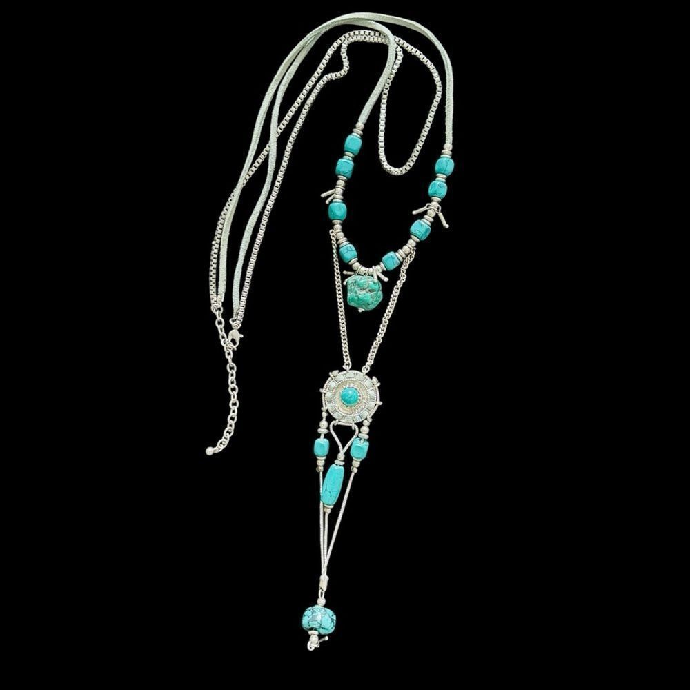 Silver Toned Faux Turquoise Stone Necklace Western Boho Leather Rawhide